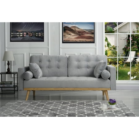 Modern Mid Century Velvet Fabric Sofa Light Gray