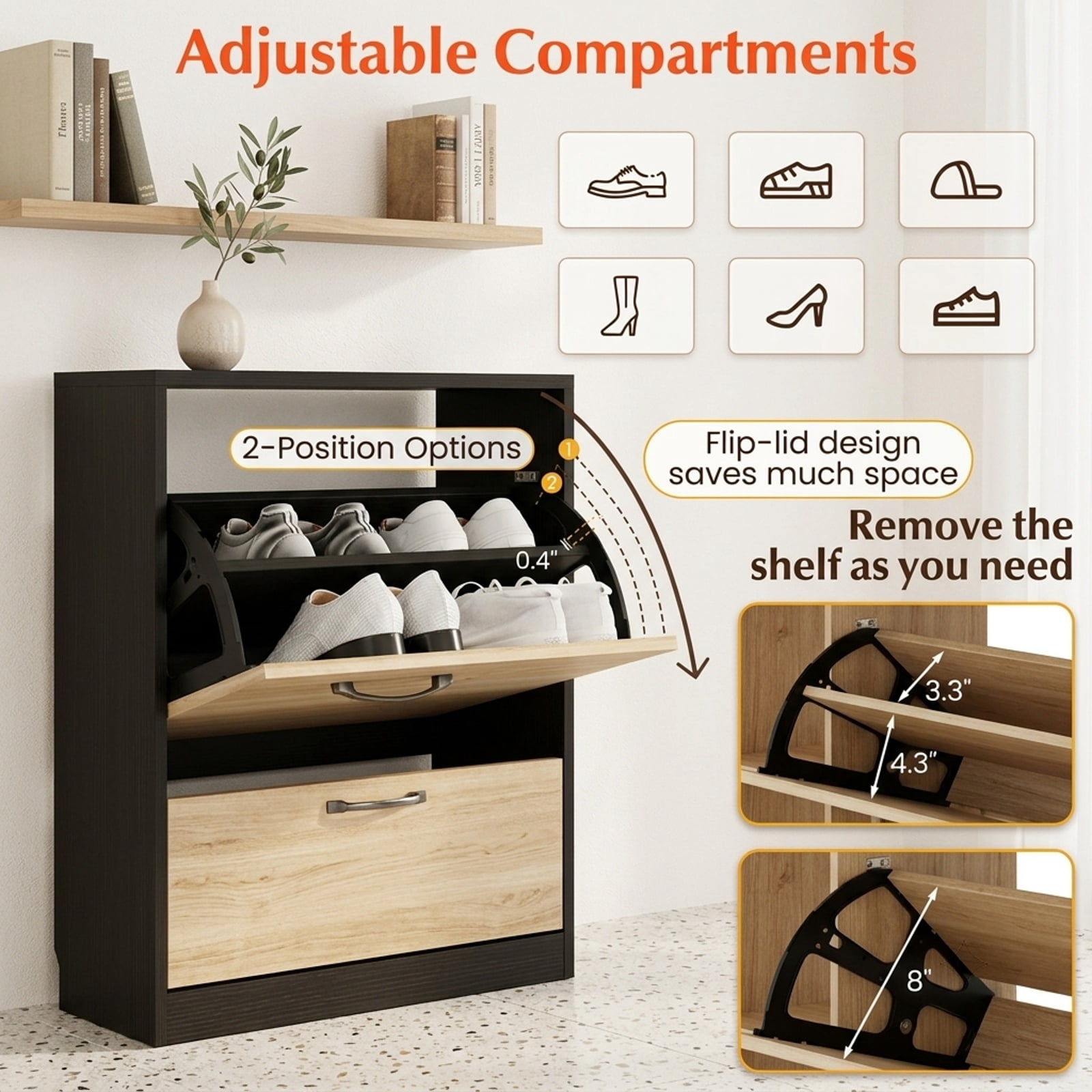 Furnibear Tall Shoe Cabinet with Open Shelves and 3 Flip Drawers Modern Freestanding Shoe Storage Organizer for Entryway Hallway, Black