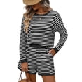 thumbnail image 2 of 2 Piece Sets for Women Summer Cute Stripe Long Sleeve Knit T Shirts Shorts Matching Lounge Set Black L, 2 of 8