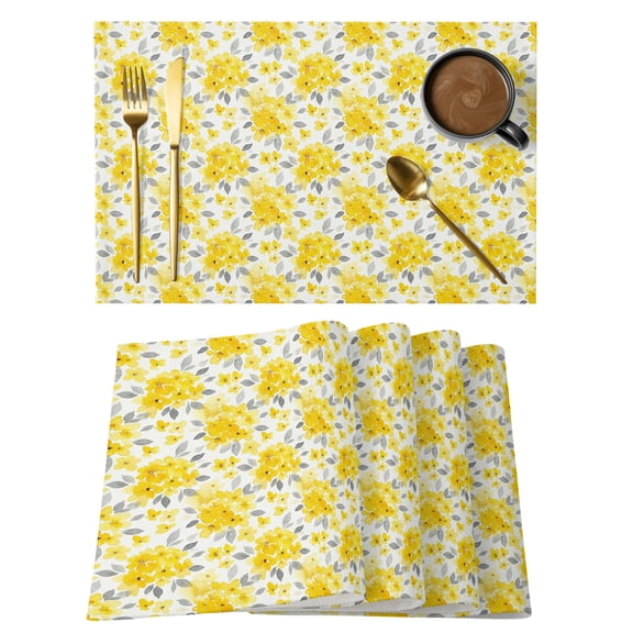 Yellow Floral Placemats Set of 1 Farmhouse Watercolor Flower Leaf Heat Insulation Washable Place Mats, Non-Slip Table Mats for Dining Table Party Kitchen Decor, 13x19 Inch