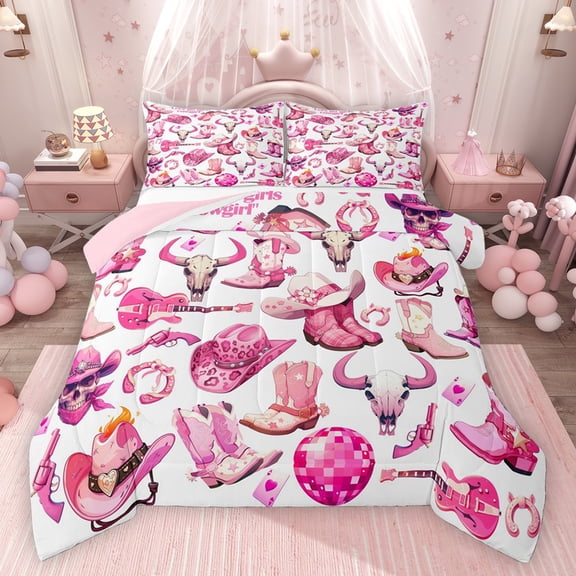 Homewish Children Teenagers Western Cowgirls Boots Hats Bedding Comforter Set 2pcs,Disco Ball Guitar Twin Comforter Sets Microfiber,Old Fashion Breathable Bedding Set,Ultra Soft Home Decor