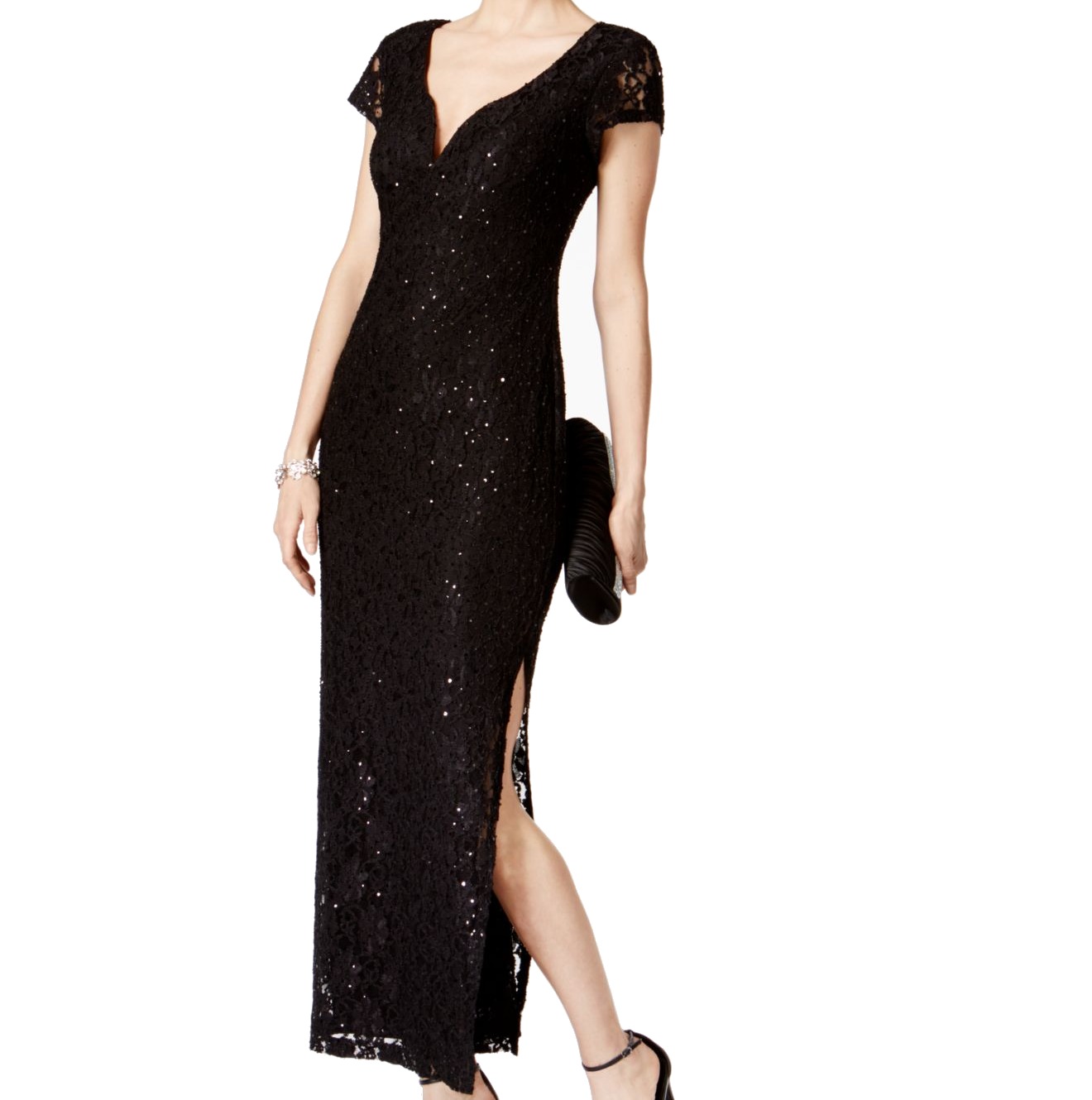 connected petite sequined lace gown
