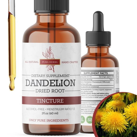 Pura Herba Dandelion Root Tincture – Alcohol-Free Herbal Extract – Glycerin-Based, Vegan, Non-GMO, No Added Sugar – Dandelion Drops Liquid Supplement