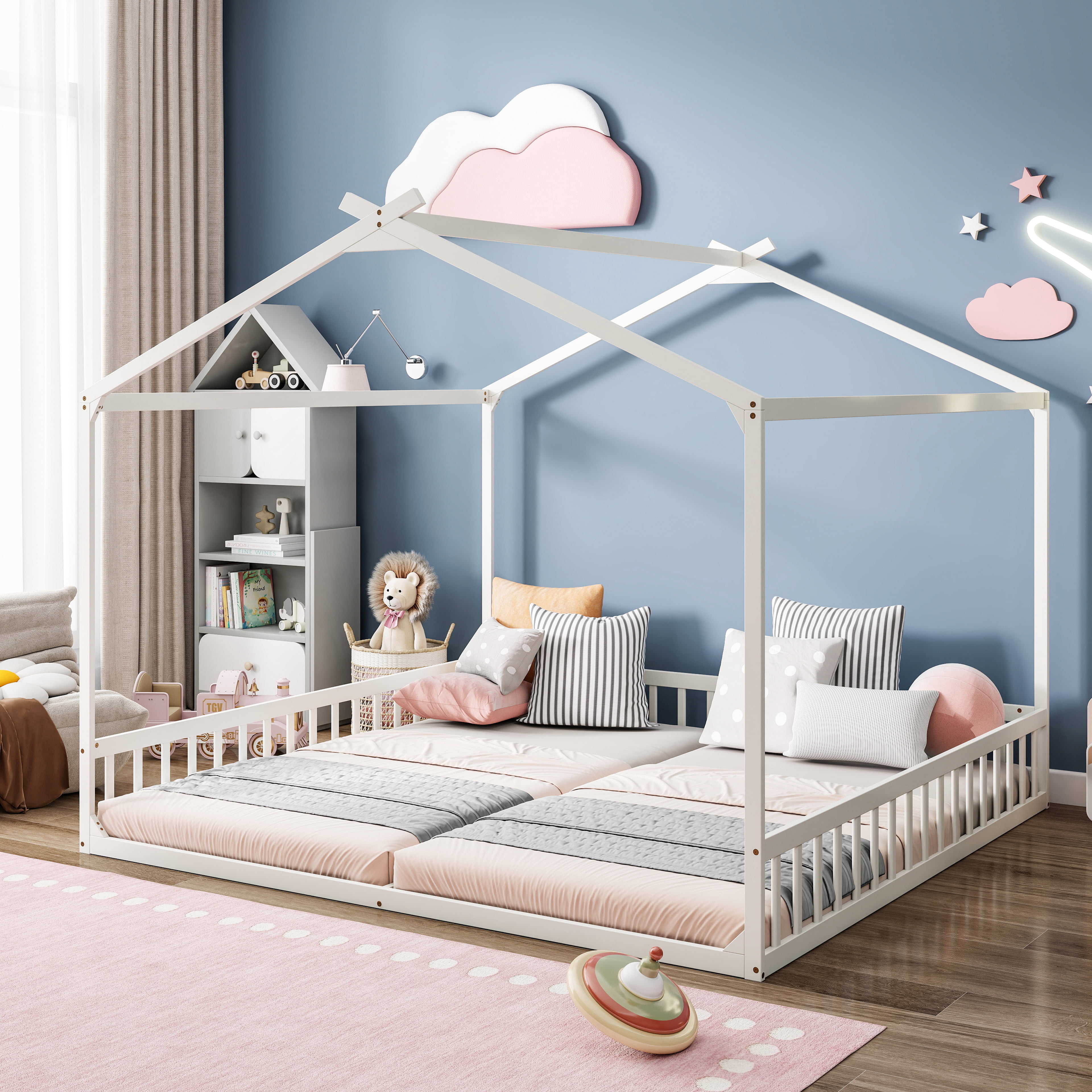 Double Twin House-Shaped Floor Bed with Safety Guardrails, without door, White