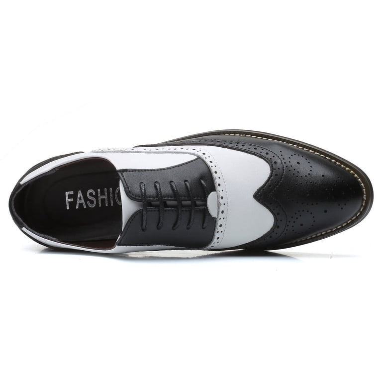 black white dress shoes Vincent Wingtip Antique made Sole Two Tone Perforated Wing Tip Detail and Block Heel Great for any Dress Men's Designer Dress Shoes |
