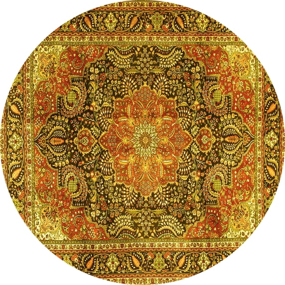 Ahgly Company Machine Washable Indoor Round Medallion Yellow Traditional Area Rugs, 6' Round