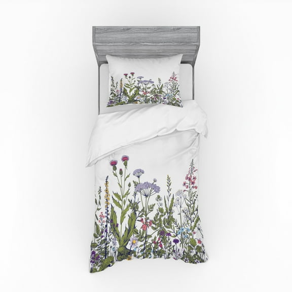 Spring Duvet Cover Set, Colorful Thriving Garden with Herbs and Flowers Pattern Seasonal Rural Field Meadow, Bedding Set with Shams and Fitted Sheet, 3 Sizes, by Ambesonne
