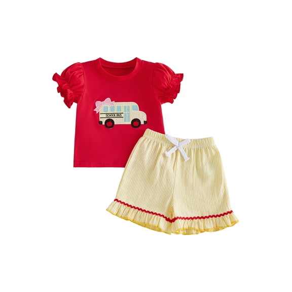 RUINIXCW Toddler Baby Girl Back to School Outfits Kids Girls Kindergarten Summer Clothes First Day of School Outfit Bow Bus Embroidery Short Sleeve T Shirt Tops and Striped Shorts Set