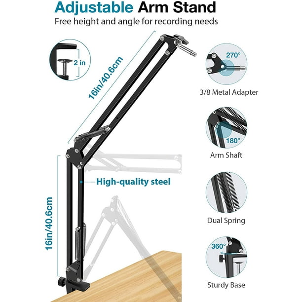 Support de Microphone AIMTYD pour Bras de Ciseaux à Suspension Réglable  Yéti Bleu avec Attaches de Câble de Support de Clip de Filtre Pop de  Pare-Brise à Vis de 3/8 à 5/8