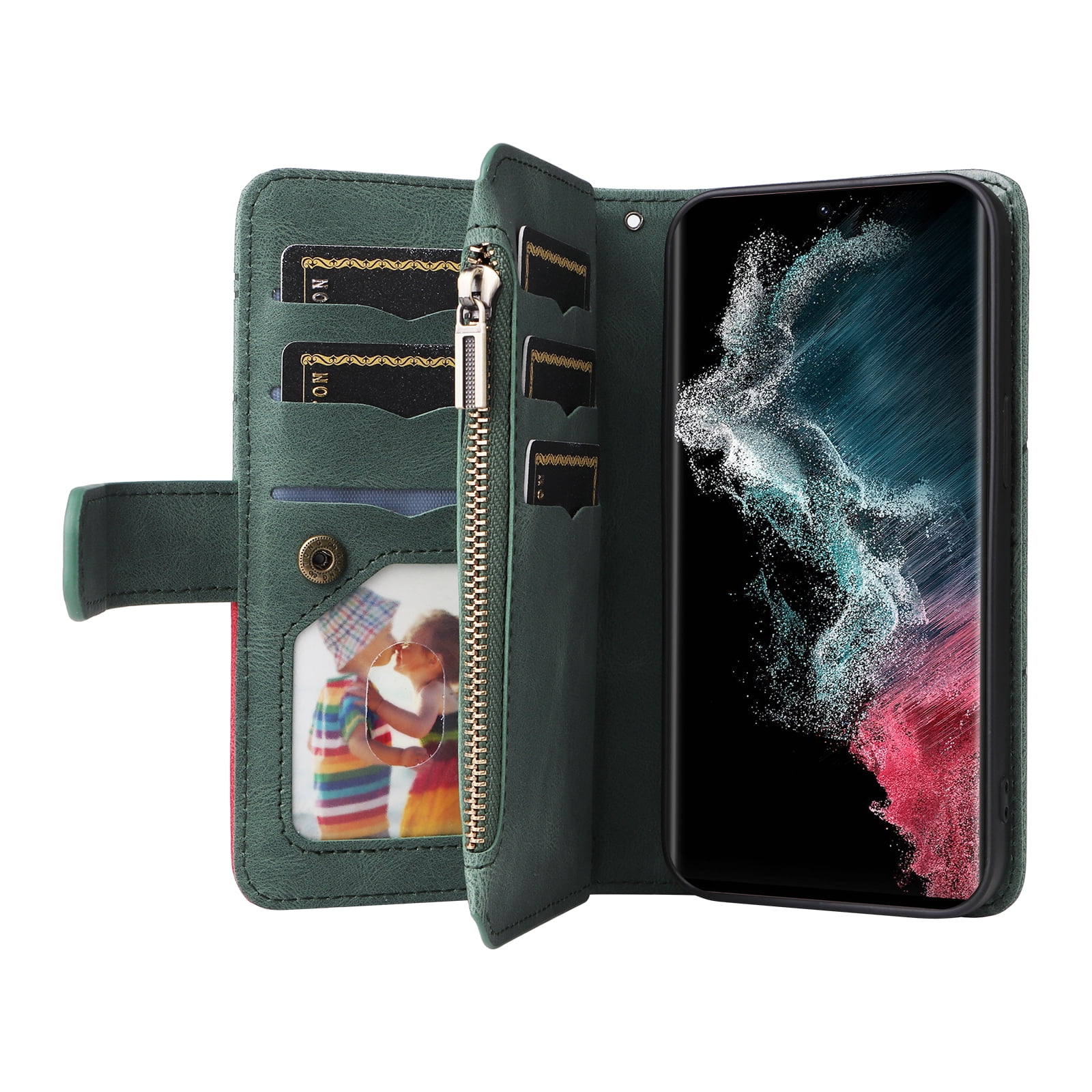Dteck for Samsung Galaxy S23 Case 2023 6.1 Inch Wallet with 9 Card Slots, Zipper Pocket PU Leather Folio Flip Phone Case with Wristlet Strap for Samsung Galaxy S23 5G,Green