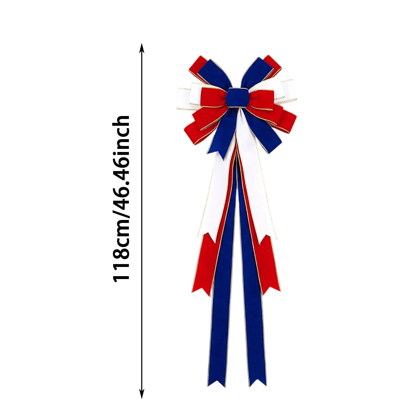 Patriotic Red White Blue Bow Ornament, 4th of July Handmade Ribbon Bow with Gold Trim, Large Independence Day Door, Porch, and Wreath Decor for Home, Party, and Holiday Celebrations