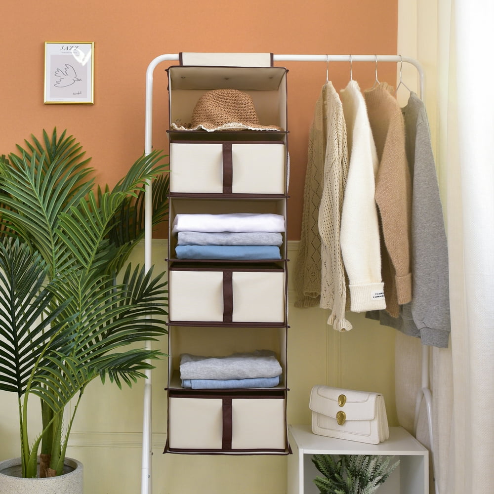 Foldable Hanging Closet Organizer with Drawers, 6Shelf, Natural