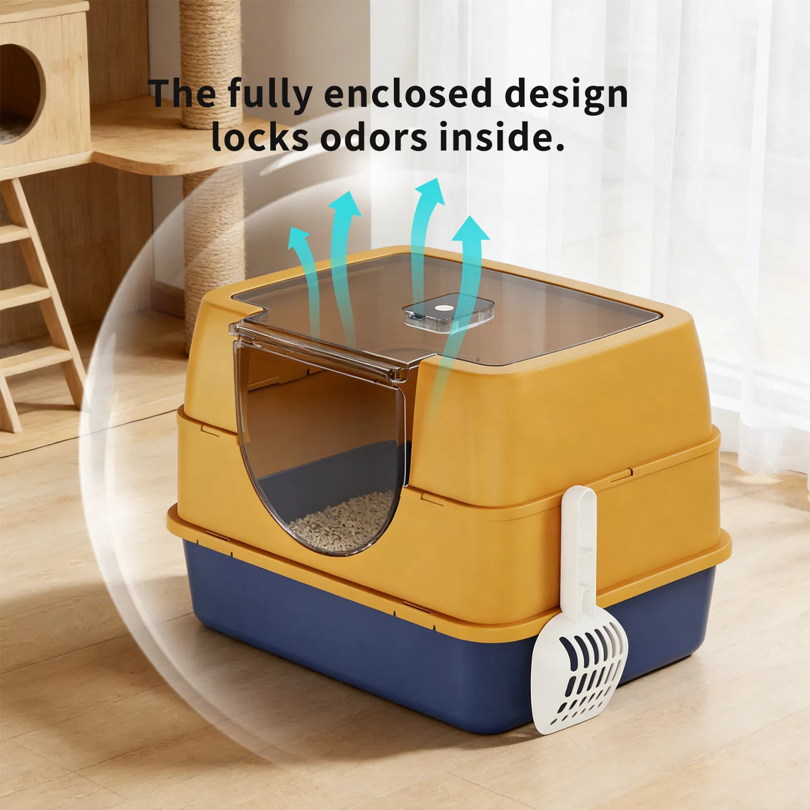 Orange Fully Enclosed Cat Litter Box, Odor-Locking Spacious Toilet with Flip-Top Lid for Large Cats