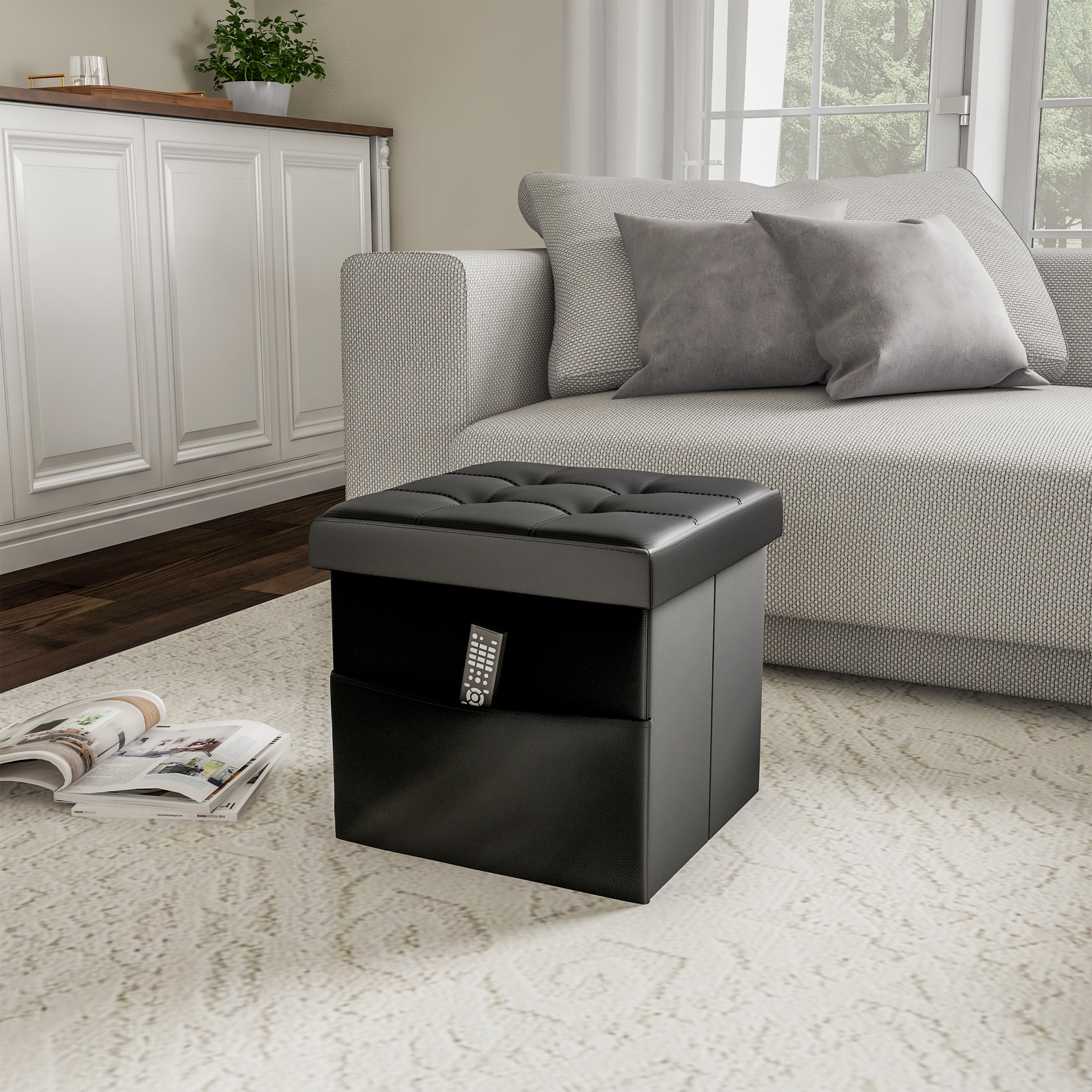 Lavish Home Foldable Storage Cube Ottoman with Pockets Multipurpose Footrest Organizer for Bedroom Pair, Linen Brown , Living Room Dorm or RV