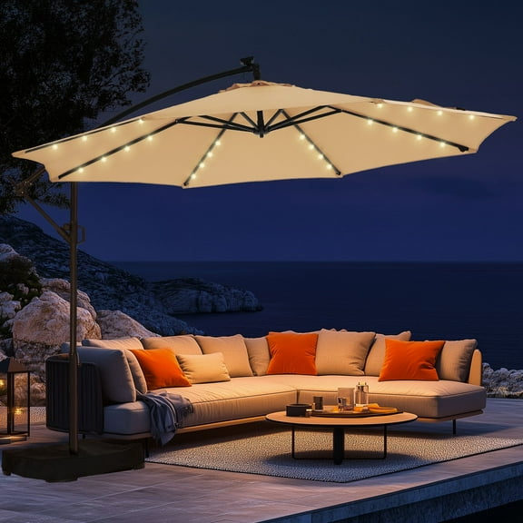 10ft Patio Umbrellas Offset,Outdoor Umbrella Cantilever Hanging Umbrellas with Infinite Tilt,Fade Resistant Waterproof Fabric & Base,for Yard,Garden,Home,Pool & Deck,Beige