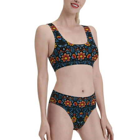 Uemuo Mexican Flower Printed Women s High Waisted Bikini Sets Sporty Two Piece Swimsuits Color Block Cheeky High Cut Bathing Suits-Small