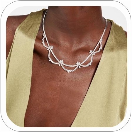 Dainty Rhinestone Premium Necklace Silver Simple Chain Sparkly Crystal Layered Simple Necklace For Women Prom Jewelry Gift[u489]