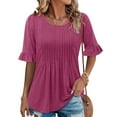 thumbnail image 2 of Camisas de Cuello de Tripulación de Manga Corta para las Mujeres Plisado Mangas de Ruffle, Cuello Redondo Casual Primavera Y Blusa de Verano, 2 of 7