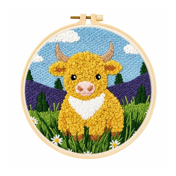 Agesis Punch Needle Kit, Diy Embroidery Craft Kit for Beginners & Adults, Highland Cow Design with Hoop, Pre-Printed Fabric, Farmhouse Decor Gift