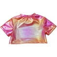 thumbnail image 3 of TiaoBug Kids Girls Shiny Metallic Short Sleeve Crew Neck Tee Shirt Hip Hop Jazz Ballet Dance Crop Top Red 7-8, 3 of 7