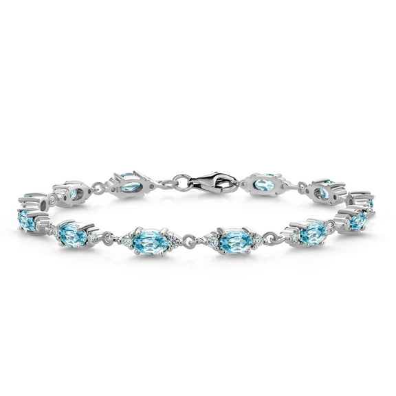 Gem Stone King 925 Sterling Silver Blue Zircon and White Moissanite Tennis Bracelet for Women (8.71 Cttw, Gemstone Birthstone, Oval 6X4MM, 7.5 inch)