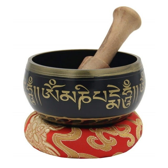 Tibetan Meditation Om Mani Padme Hum Peace Singing Bowl With Mallet (Black)