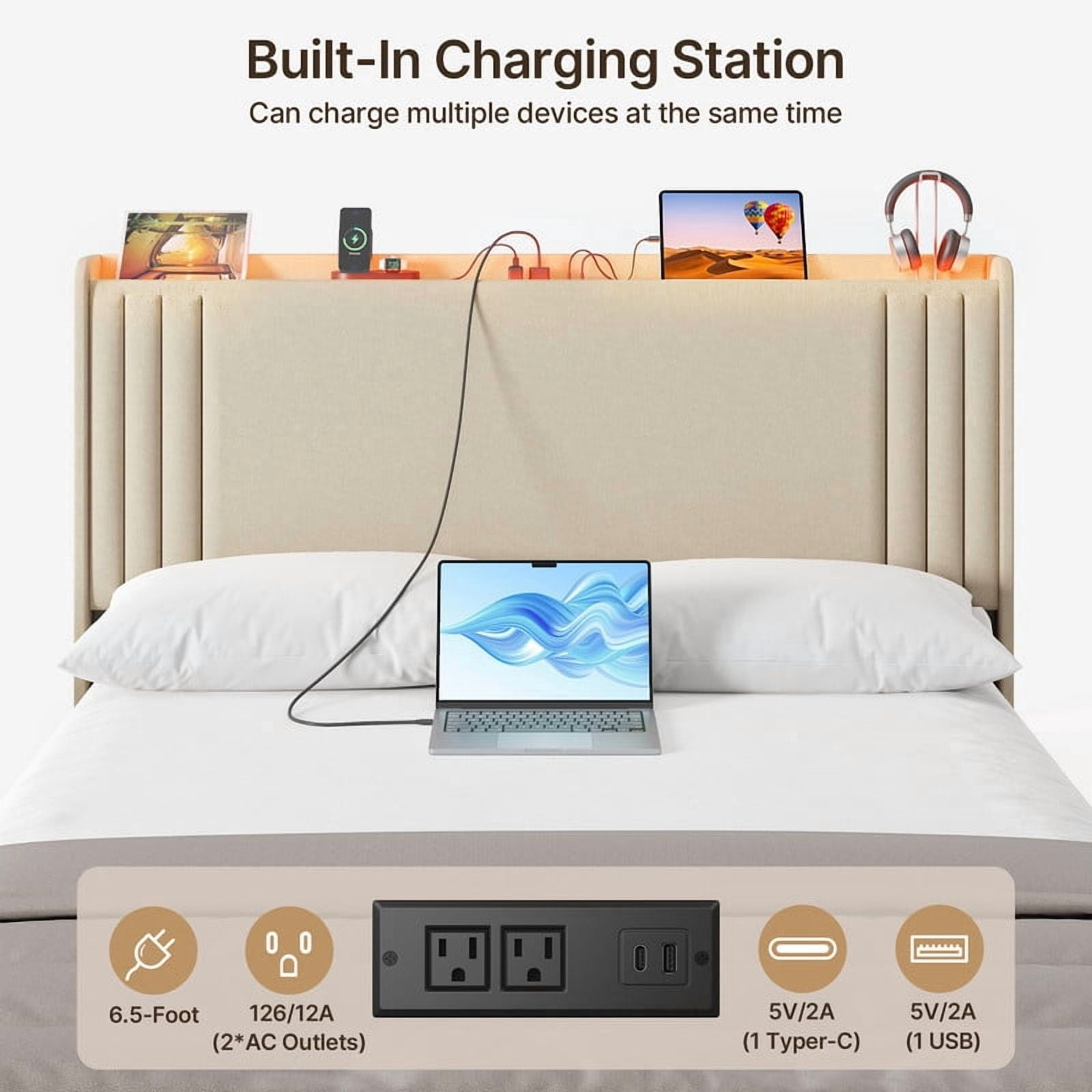 Queen Bed Frame Storage Headboard, Metal Platform Bed with Charging Station and LED Lights,Upholstered Wingback Platform Bed with Wooden Slats,Noise-Free,No Box Spring Needed,Bedroom