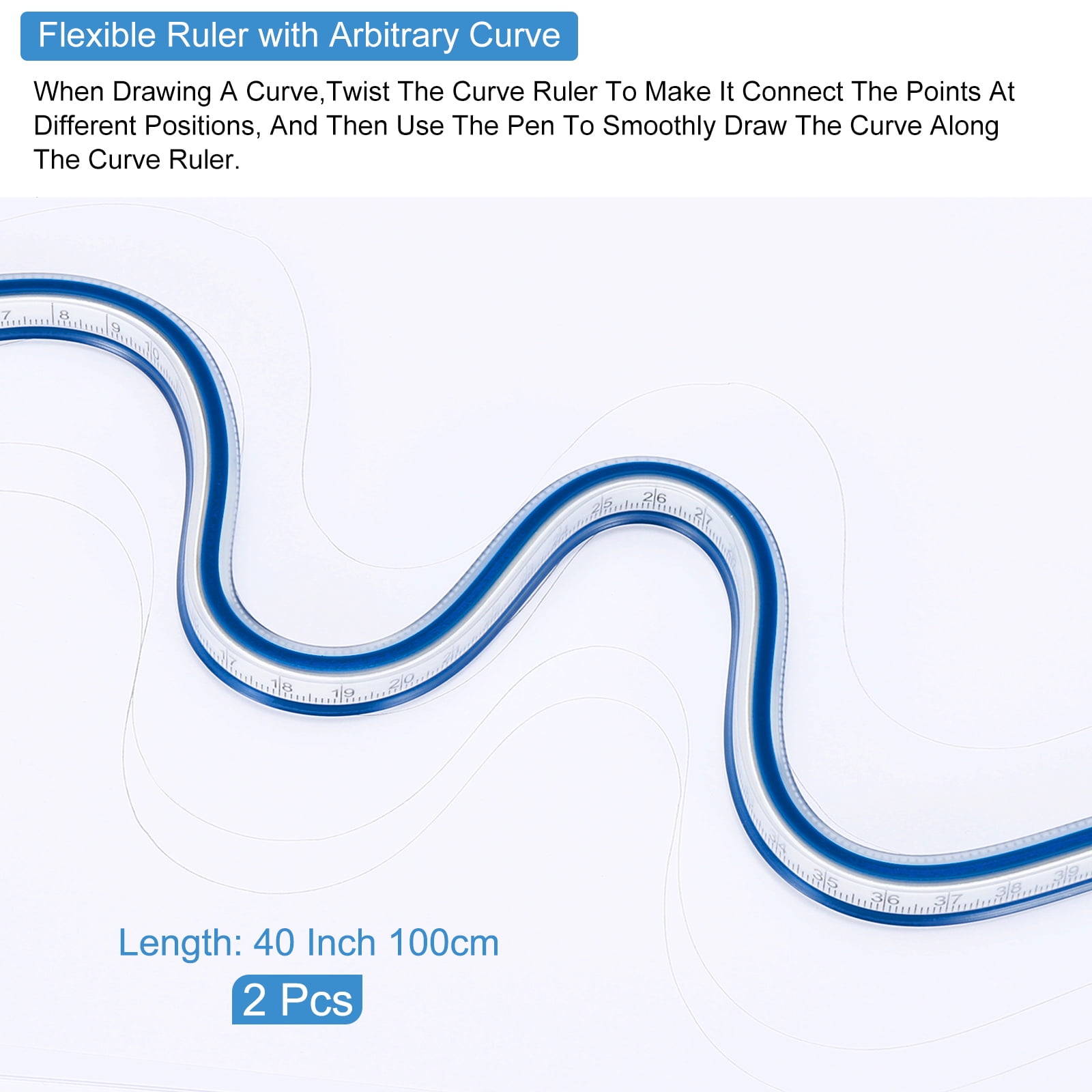 Uxcell 40 Inch 100cm Flexible Curve Ruler Can Be Bent for Drawing Sewing Engineering, 2 Pcs, Blue