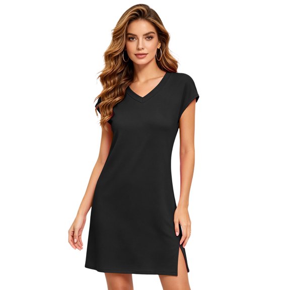 Puliio T Shirt Dresses for Women Summer V Neck Short Sleeve Side Slit Mini Casual Loose Everyday Dress