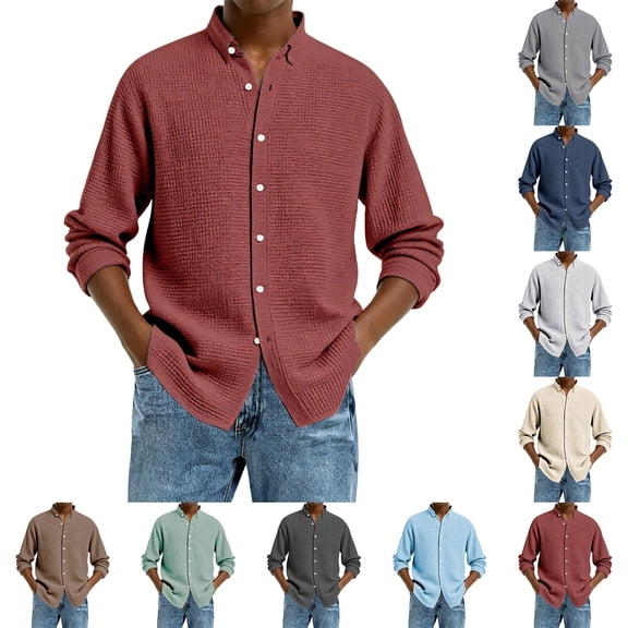 Men's Casual Long Sleeve Waffle Knit Button Down Solid Color Shirt for Spring Fall Comfort Wear,Black,L