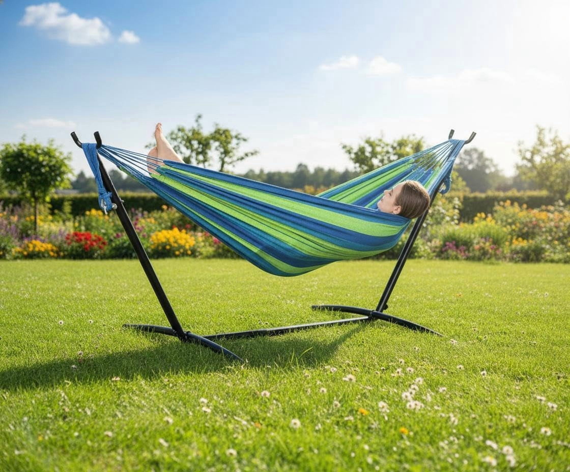 Portable Double Hammock with Heavy-Duty Steel Stand – 450 lbs Capacity, Durable Space-Saving Design, Polyester Cotton Fabric – for Outdoor, Patio, Garden, Camping, Carry Bag Included