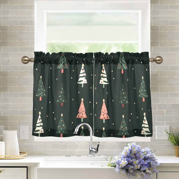 Yayeee Kitchen Curtains Tier Pair Light Filtering 27"x24" Rod Pocket Short Cafe Window Panel, Green Christmas Trees