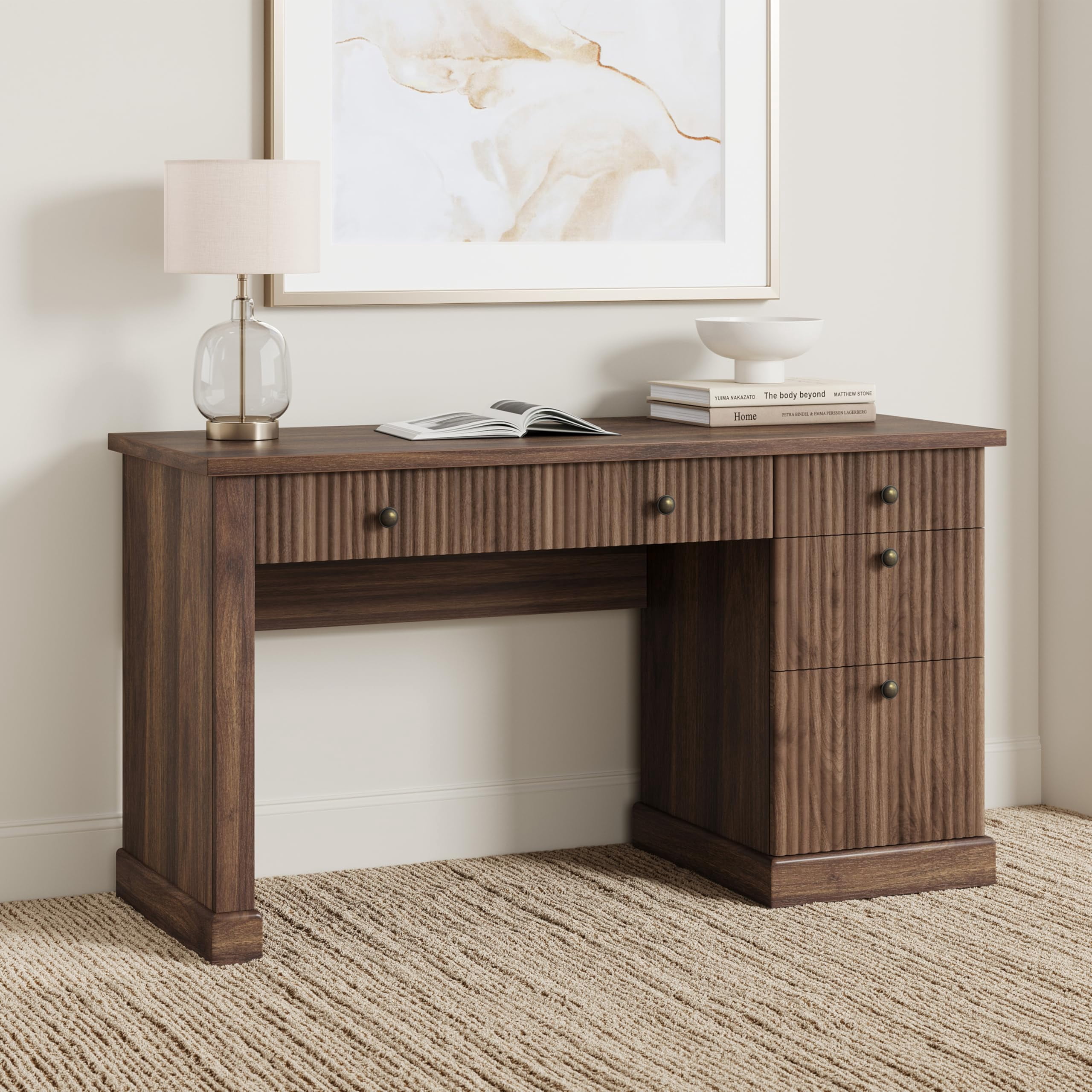 Accreate 54'' Fluted Home Office Desk with Storage, Modern Executive Desk with Charging Station, Wooden Computer Desk with Drawers for Storage File, Writing Desk for Study, Living Room, Bedroom