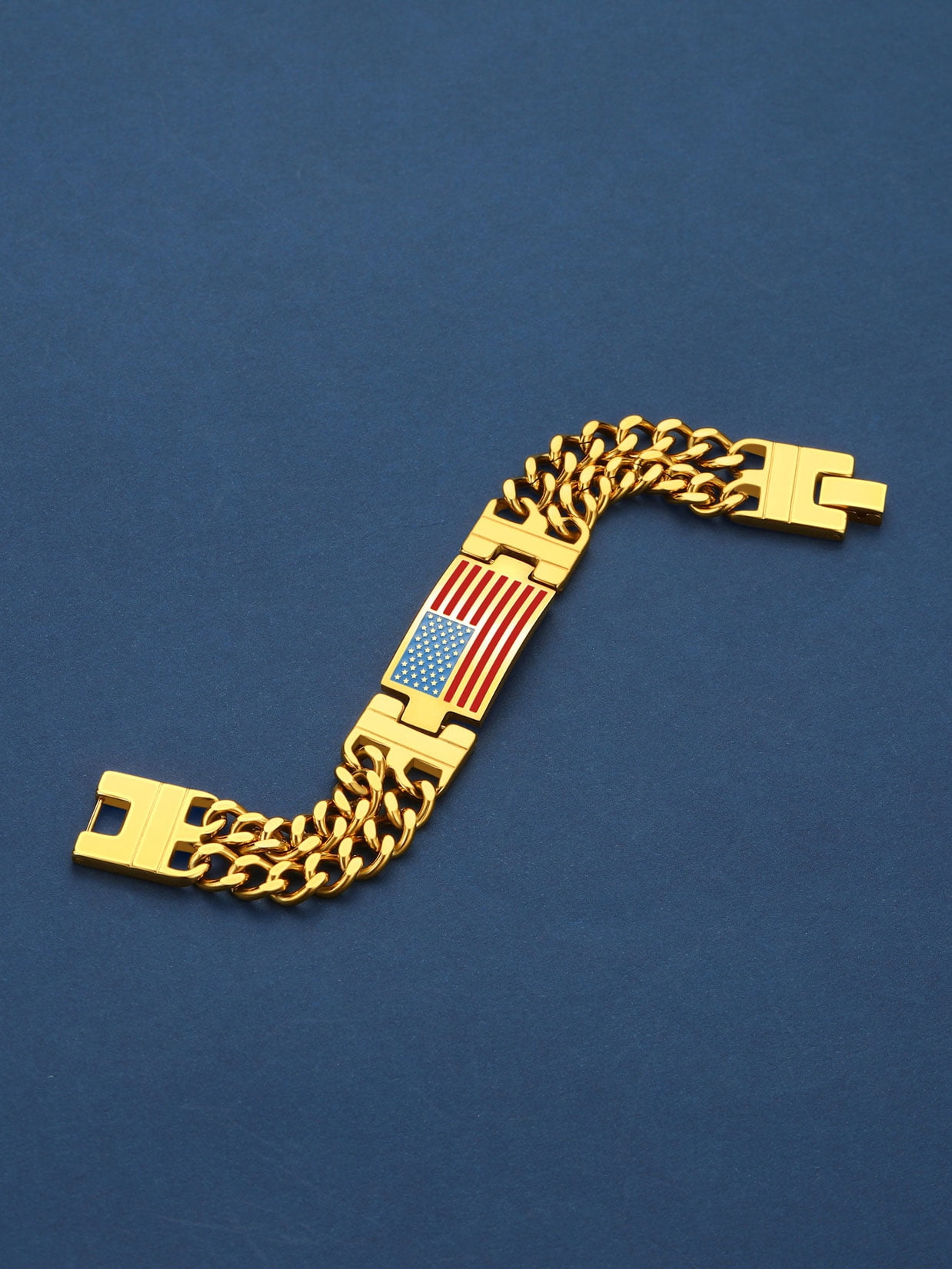ChainsProMax Men Cuban Link Chain Bracelet, American Flag Bracelet, Stainless Steel Gold Plated