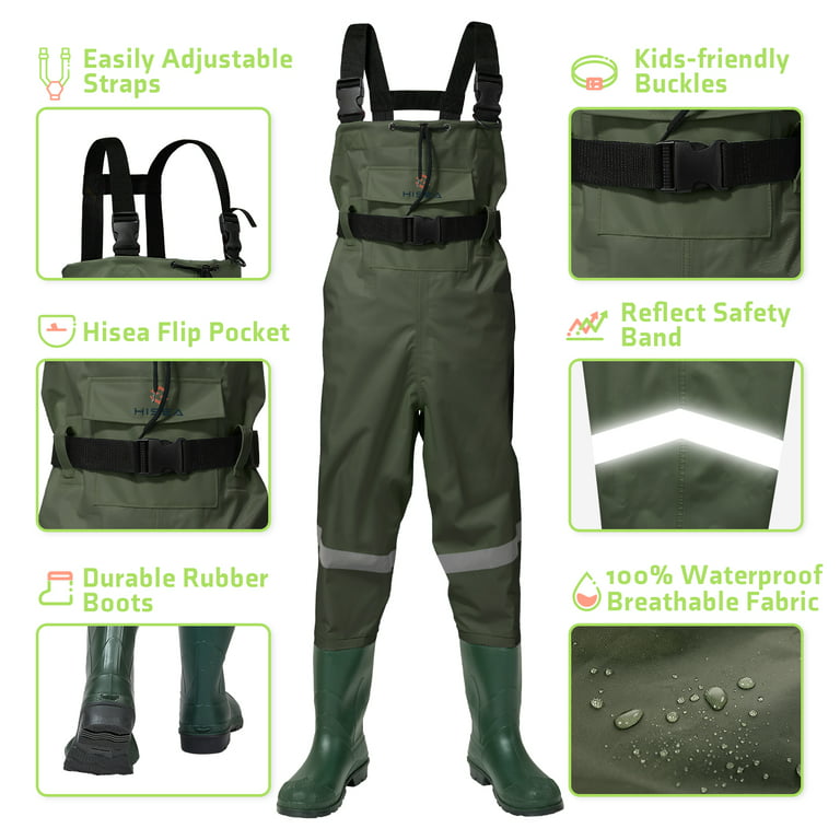 HISEA Kids Chest Waders Nylon/PVC Youth Fishing Waders for Toddler & Children  Waterproof Hunting Waders with Boots & Reflect Safety Band 