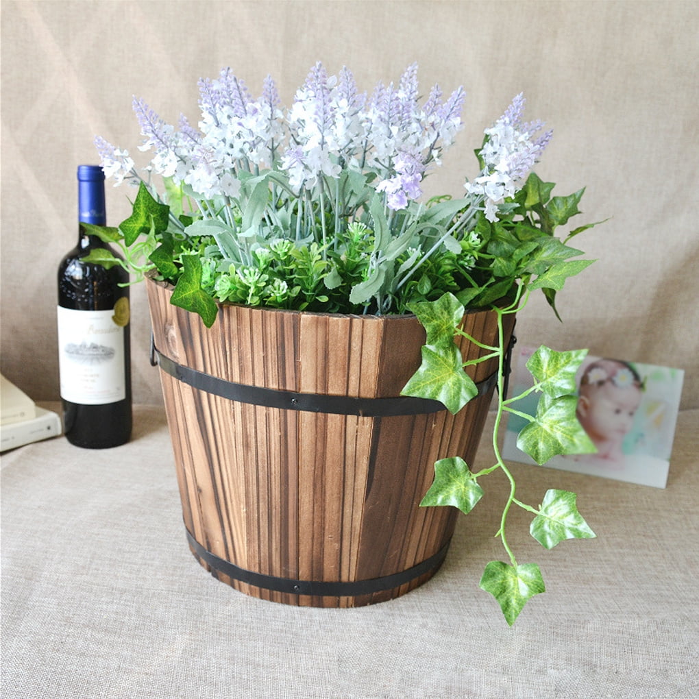 Booyoo Wooden Barrel Flower Pot Flat Edge Garden Decor