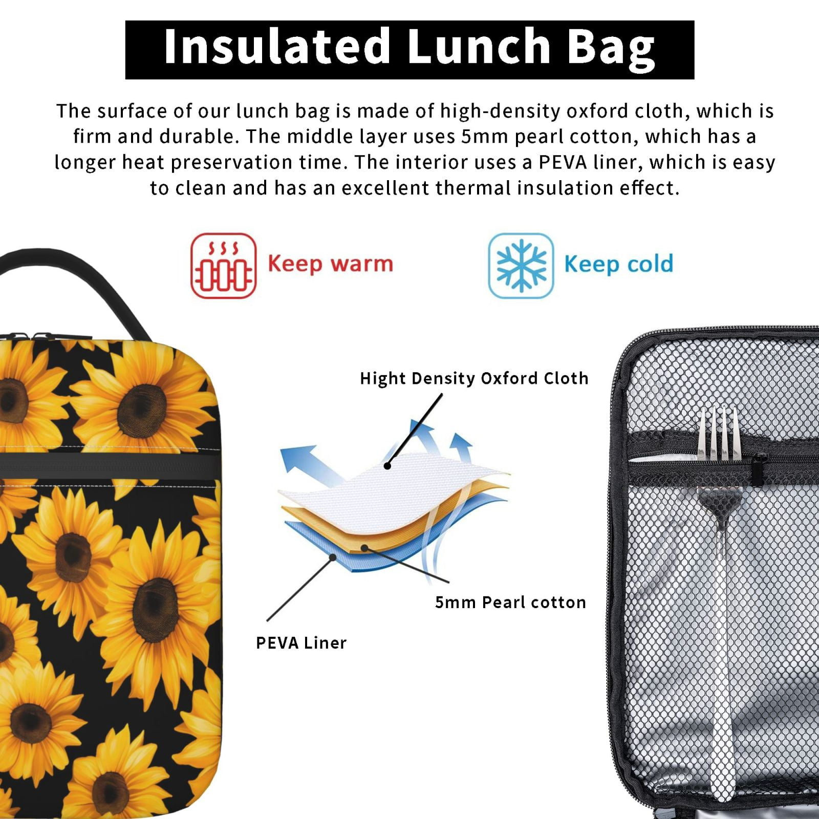 Lunch Bag For Women Men Insulated Portable Lunch Box Bento Box Office Picnic Travel Cooler Bag Sunflower On A Black Background