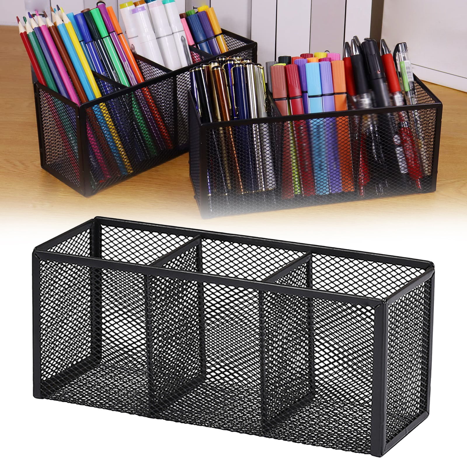 Piwvid Black Metal Mesh Desktop Pen Holder with 3 Compartments, Industrial Style Desk Organizer Stand, Compact Storage Caddy for Brushes Markers and Daily Office Stationery Supplies