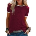 thumbnail image 4 of Camiseta de mujer Blusa casual de manga corta con costuras en bloque de color, rojo vino, M Kearding AP002400-12, 4 of 5