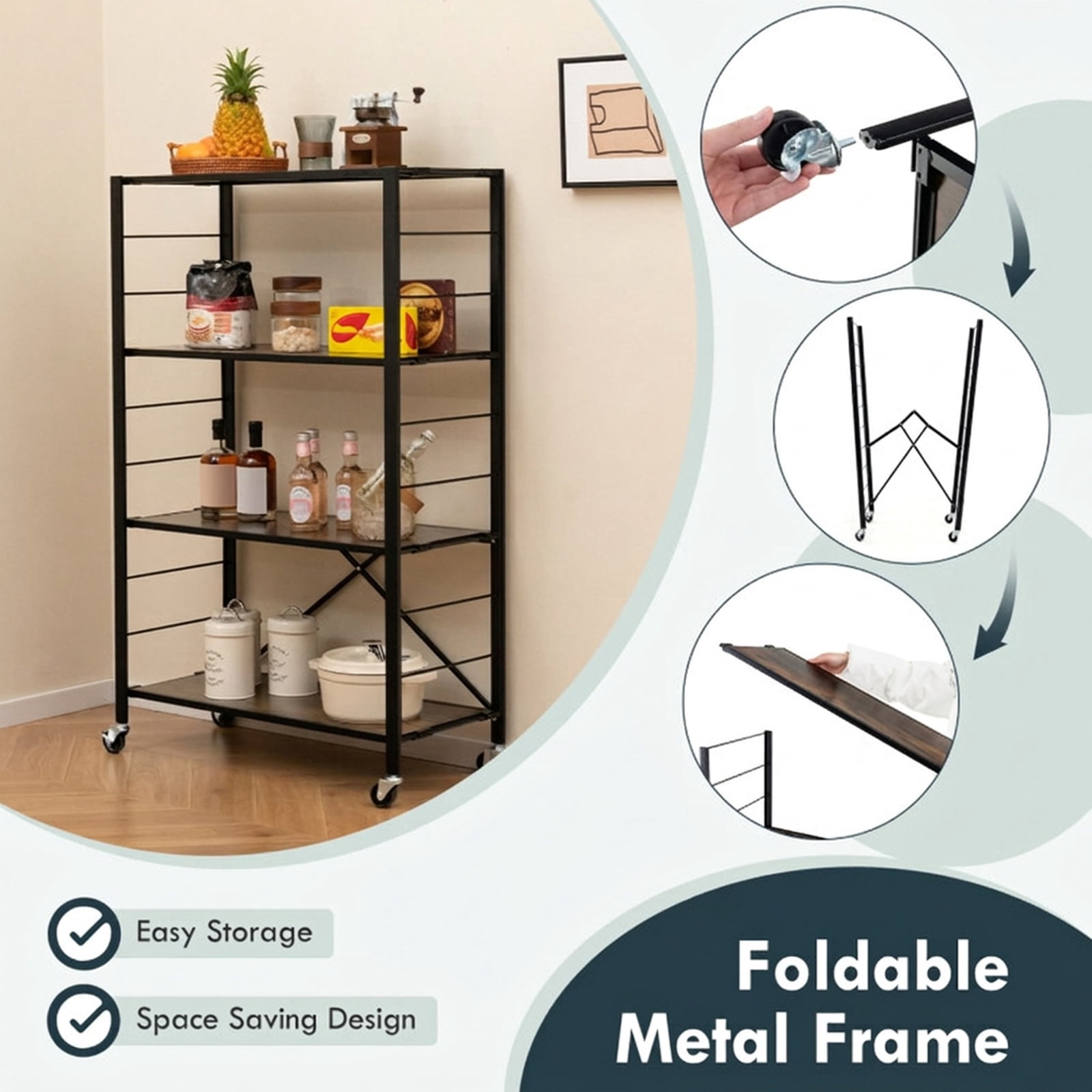 RUIE 4-Tier Foldable Storage Shelf with Wheels, Rolling Utility Shelving Rack for Kitchen Living Room Tool Room, 180 lb Capacity, Black
