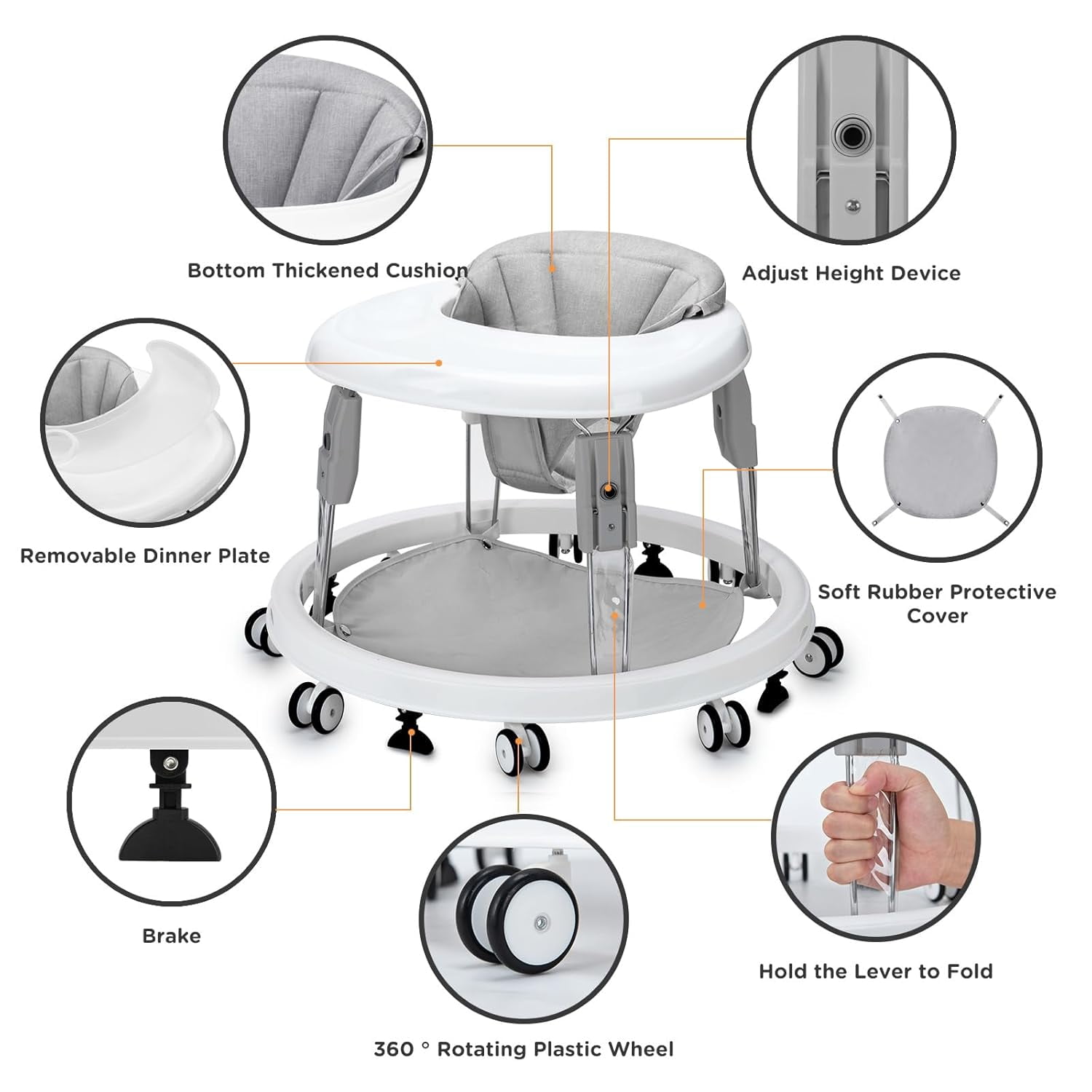PRVAETU Foldable Baby Walker with Wheels,Height Adjustable,Large Dining Tray,Dust-Resistant Foot Pad,for 6-18 Months Infant,Grey