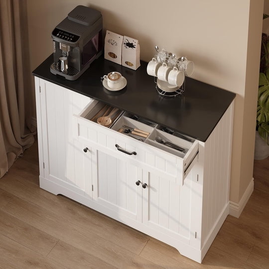 Aiho 42” Coffee Bar Cabinet with Storage, Kitchen Storage Cabinet, Sideboard Buffet Cabinet with 8 Shelves, 1 Drawer - White and Black