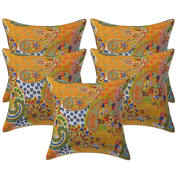 Stylo Culture Indian Couch Throw Pillow Covers 16 x 16 Floral Kantha Mango Yellow Printed 40cm x 40cm Home Decor Cotton Paisley Square Cushion Covers | Set Of 5