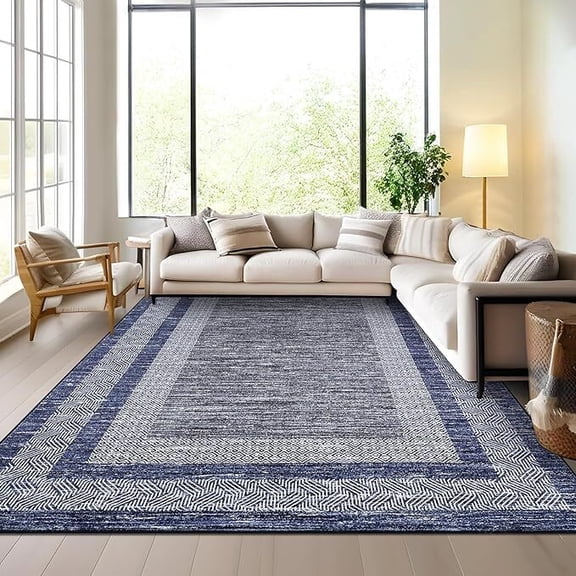 Modern Area Rug 5x7 Washable Rug for Living Rooms, Soft Non Shedding Faux Wool Floor Covering, Low Pile Thin Foldable Mat , Blue