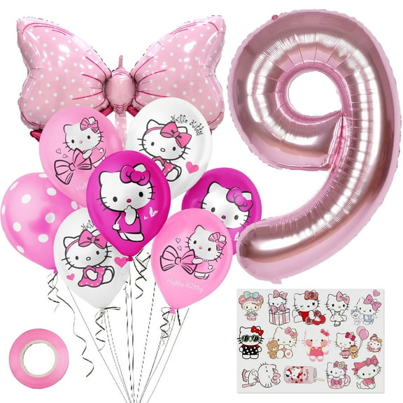 9rd balloon sticker set, 11 pieces including cartoon cat bow foil balloon, latex balloon, sticker ribbon birthday party decoration