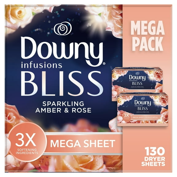 Downy Infusions Bliss Mega Fabric Softener Dyer Sheets, Amber and Rose Scent, 130 Count