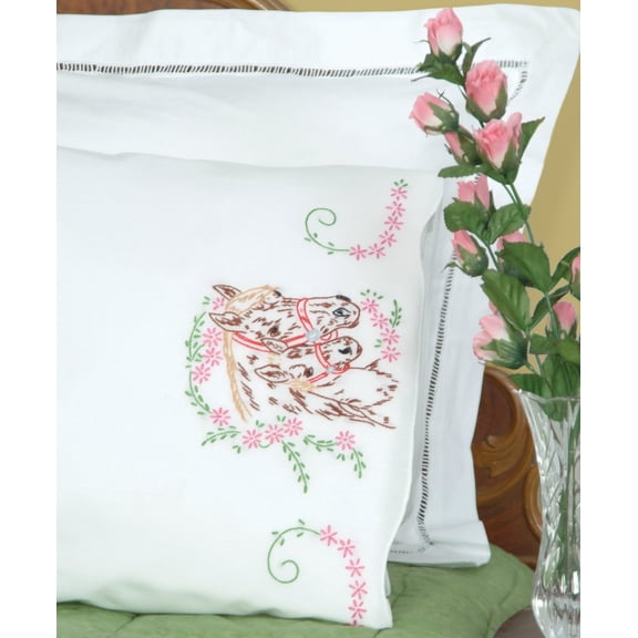 Jack Dempsey Needle Art 1600142 Perle Edge Pillowcase, Mare and Colt with Perle Edge Finish, 20-Inch by 30-Inch, White