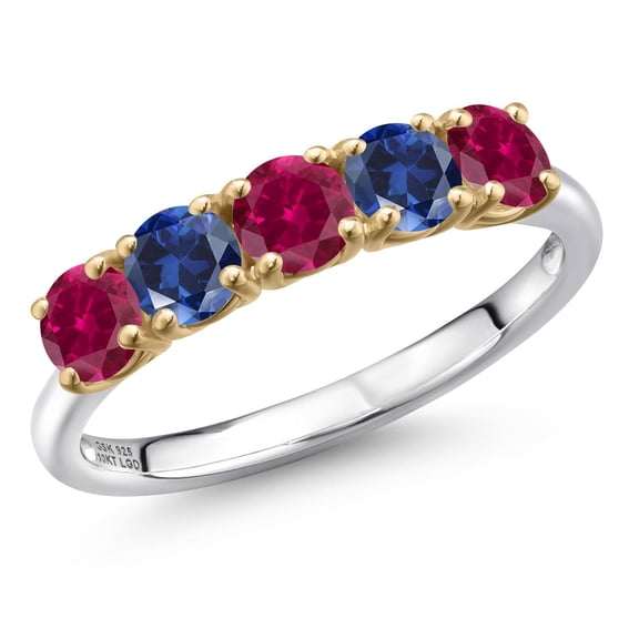 Gem Stone King 925 Silver and 10K Yellow Gold Red Created Ruby and Blue Created Sapphire Wedding-Bands Ring for Women | 1.25 Cttw | Round 4MM | Gemstone July Birthstone | Size 9