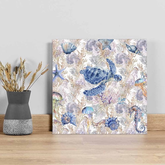 Sea Turtle Wall Art Painting on Canvas, Summer Coastal Nautical Coral Seahorse Canvas Art Home Prints Wall Art Framed Modern Artwork for Living Room Bedroom Wall Decor 8x8in
