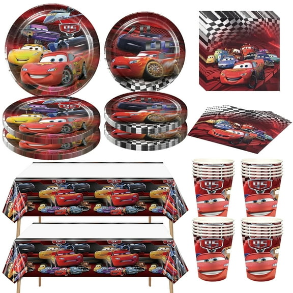 82 PCS Cars Tableware Sets, Cars Birthday Party Paper Plates and Napkins Set Includes 40 PCS Plates, 20 PCS Napkins, 20 PCS Paper Cups, 2 Tablecloth for Birthday Party Supplies